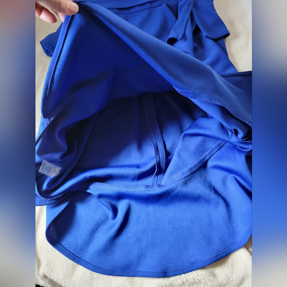 ✨️HP✨️Calvin Klein | NWOT Royal Blue Scuba Crepe V-Neck Ruffle Trim Midi Dress - Picture 11 of 13